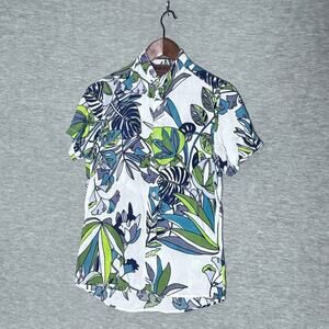 Frato Blouse Mock Neck Floral Short Sleeve SM White Green Blue Beachwear Summer